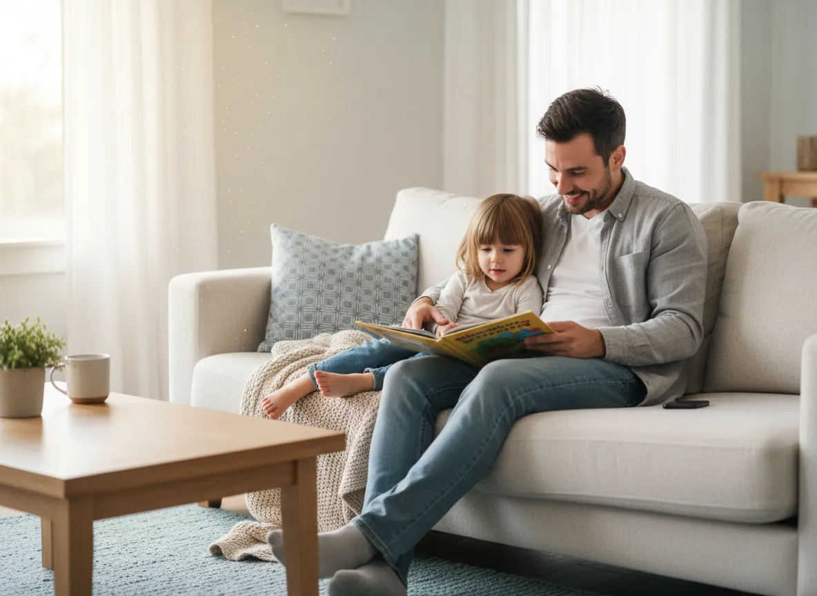 Parent helping young child with a learning activity at home